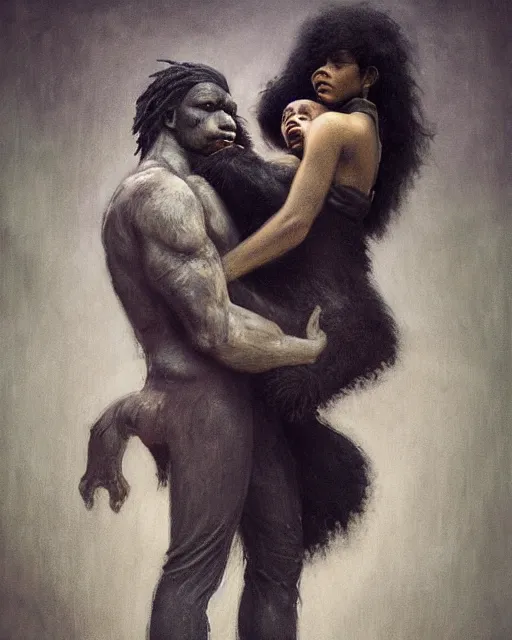 Image similar to a portrait of black furry shadow monster who is carrying a beautiful girl in his arms, background of deep shadows, illustration, dramatic lighting, soft details, painting oil on canvas, art nouveau, octane render, HDR, 4k, 8k, HD, by Edmund Blair Leighton, Brom, Charlie Bowater, trending on artstation, Tom Bagshaw, faces by otto Schmidt