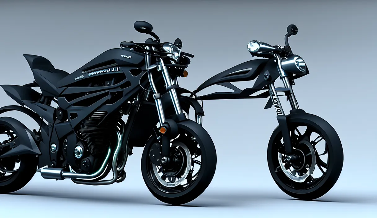 Image similar to futuristic version of suzuki bandit bike, high detail design, volumetric lighting, from new movie by digital domain and weta digital, strong ambient occlusion