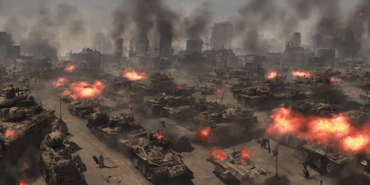 Image similar to tanks burning city, army, crowds of people, banners, volumetric lighting, unreal engine, realistic