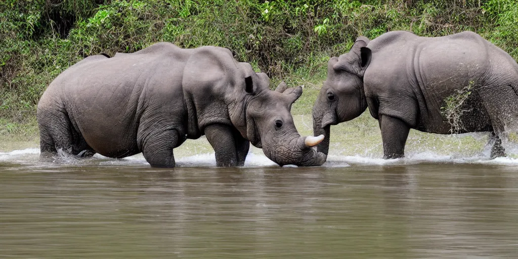 Image similar to a hippo with a rhino's horn and an elephant's trunk, in a river in the jungle, extremely high fidelity, natural lighting