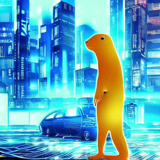 Prompt: prairie dog!! hacker in a blue-lit room surrounded by computers, cyberpunk, highly detailed, trending on pixiv