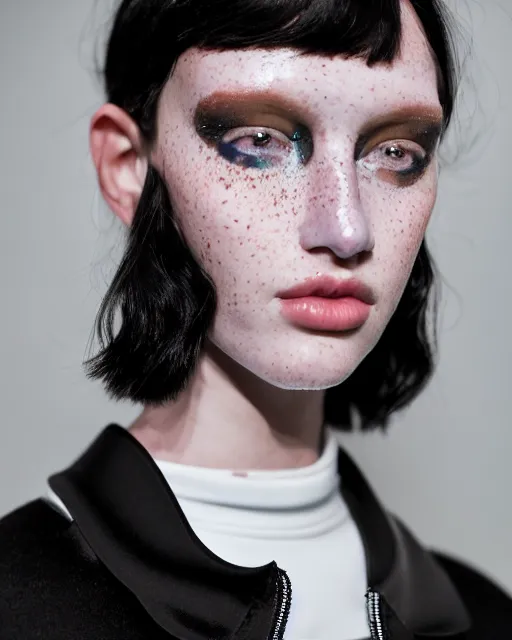 Image similar to olivia wearing a mobius strip jacket, runway model at new york fashion week, fit curvy physique, black hair, freckles, pale skin, photo by greg rutkowski, stage lighting, soft colors, female beauty, intricate detail, elegance, 3 5 mm, depth of field, masterpiece