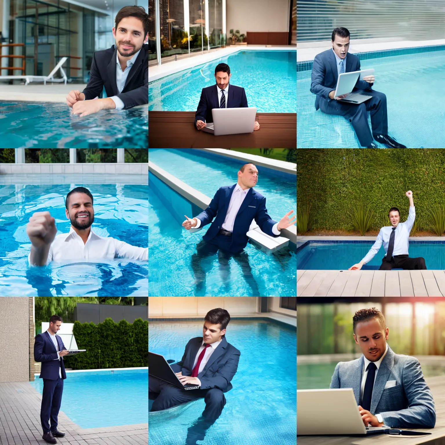 Prompt: stock photo as a man in a suit does business while in a pool. the man is using a laptop. he has a fist raised triumphantly as he scores a new business deal. stock photograph, high resolution, ad image, 4 k, businessman in pool