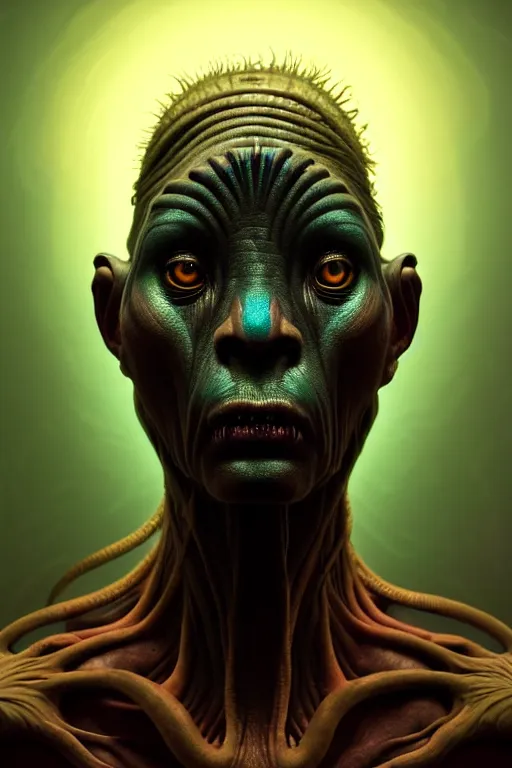 Prompt: portrait of a sad bioluminescent tribal creature, intense expression, highly detailed, asymmetrical artwork, cinematic, hyperrealism, art by zdzisław beksinski and stanley lau and artgerm and magali villeneuve and alphonse mucha, artstation, octane render, unreal engine, 8 k, aperture f 1. 2