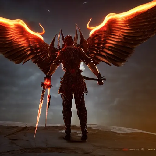 Image similar to archangel ghabriel with fire sword sky descending, unreal engine