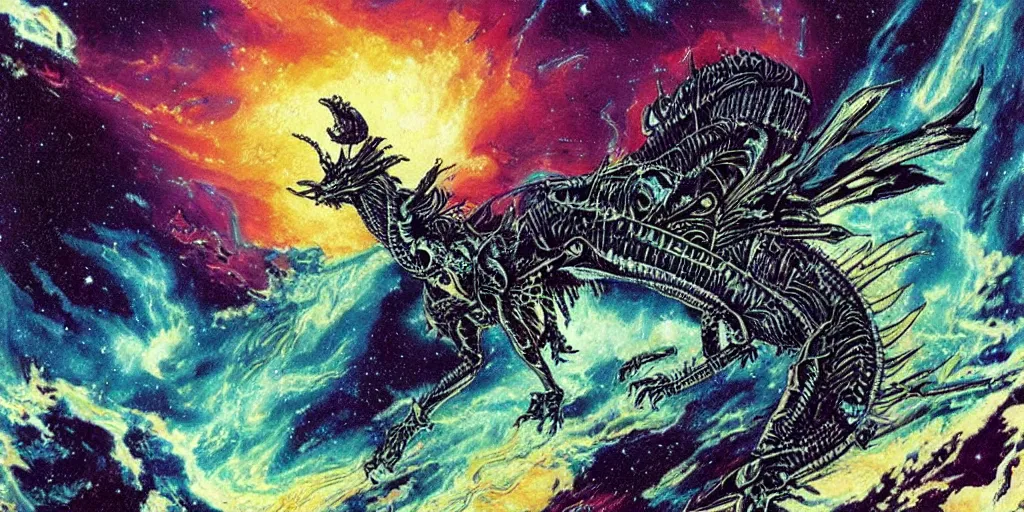 Image similar to an alien dragon flying through outer space, epic nebula, style of philippe druillet matte illustration