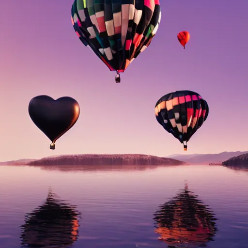 Image similar to photo of two black swans swimming in a beautiful reflective mountain lake, touching heads, forming a heart with their necks, a colorful hot air balloon is flying above the swans, hot air balloon, intricate, portrait, 8k highly professionally detailed, HDR, CGsociety, octane render, 4k