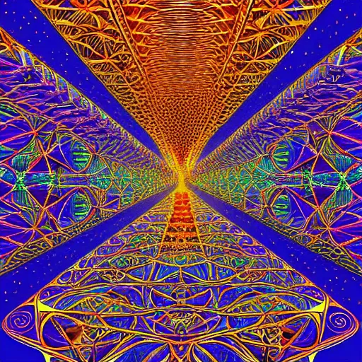 Image similar to beautiful and highly detailed vector art painting of the inside of a dmt hyperspace filled with intricate and perfect patterns surrounded by infinite detailed rooms by moebius and alex grey