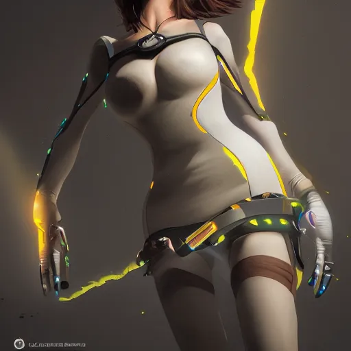 Prompt: painting of tracer in a skintight dress, by dan hillier and charlie bowater and pieter claesz 4 k post - processing highly detailed, trending on artstation, cinematic lightning, volumetric lightning, highly detailed, extreme detail, full details, - s 1 5 0