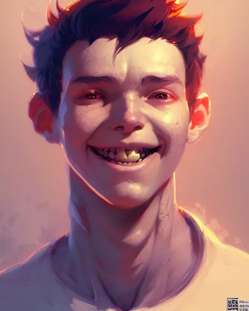 Image similar to digital art, fantasy portrait of a boy with a large smile, by james jean and greg rutkowski, by ross tran, ultra detailed, character design, concept art, trending on artstation,