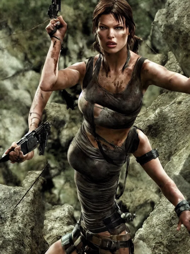 Prompt: Mila Jovovich as Tomb raider