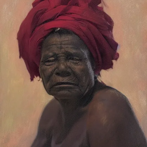 Image similar to a painting of a lantina elder woman by Lynette Yiadom-Boakye . details, smooth, sharp focus, illustration, realistic, cinematic, artstation, award winning, rgb , unreal engine, octane render, cinematic light, macro, depth of field, blur, red light and clouds from the back, highly detailed epic cinematic concept art CG render made in Maya, Blender and Photoshop, octane render, excellent composition, dynamic dramatic cinematic lighting, aesthetic, very inspirational, arthouse.