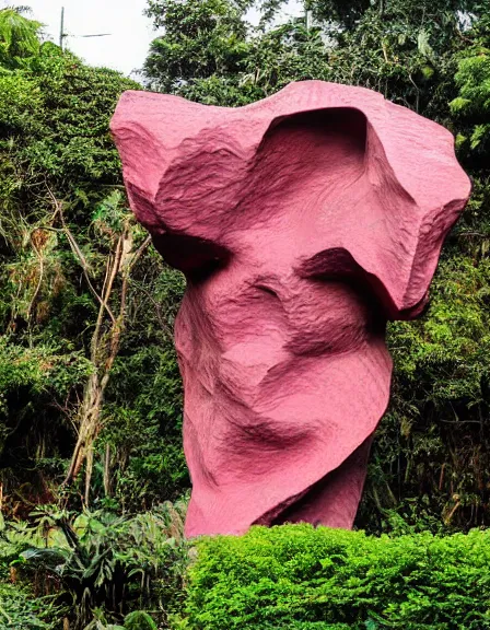 Image similar to vintage color photo of a giant 1 1 0 million years old abstract sculpture made of liquid pink gold covered by the jungle vines