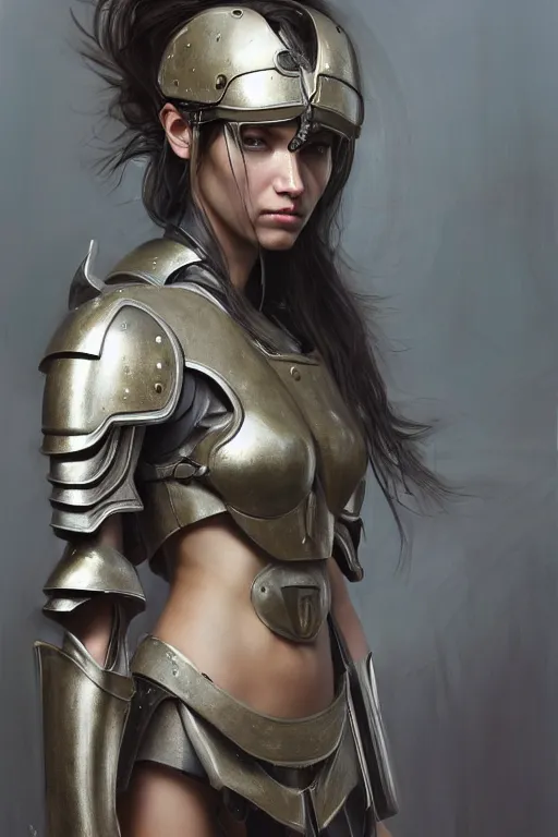 Image similar to a photorealistic painting of an attractive young girl, partially clothed in metal-plated battle armor, olive skin, long dark hair, beautiful bone structure, symmetrical face, perfect eyes, intricate, elegant, digital painting, concept art, illustration, sharp focus, minimal artifacts, from Metal Gear, in the style of Ruan Jia and Mandy Jurgens, by Greg Rutkowski, trending on Artstation, award winning