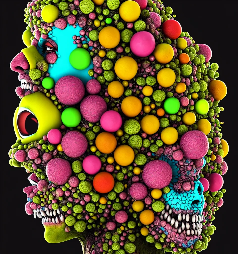 Image similar to headshot of a trickster nature zombie, head made of fruit and flowers in the style of arcimboldo, covered with iridescent bubbles, made by greg rutkowski, digital illustration, dynamic lighting, action figure, clay sculpture, claymation, turquoise pink and yellow, rainbow stripe backdrop