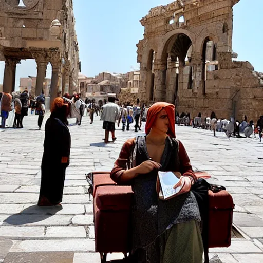 Prompt: scene from a 2 0 1 0 film set in ancient constantinople showing a woman waiting for a tram