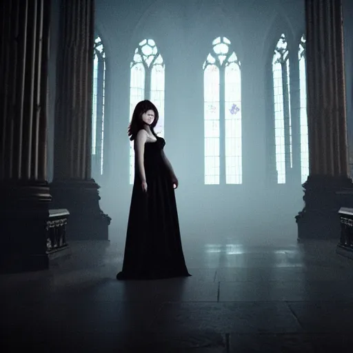 Prompt: mary elizabeth winstead as a vampire in a gothic cathedral at night, gloomy, gothic, ground mist, volumetric light.