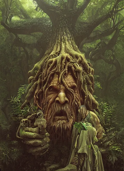 Image similar to a shaman sitting in the jungle, a tree behind him with a giant face of an old man in the trunk, hyper detailed, high contrast, art by christophe vacher