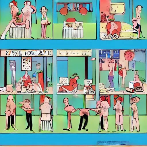 Prompt: exercises de relaxation pour la fin du monde, in the style of joan cornella, comic strip, absurd