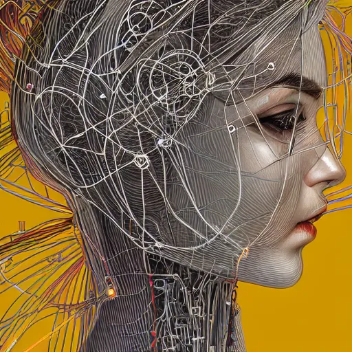 Prompt: a beautiful head of a pilot woman partially made of wires and circuits, an ultrafine detailed illustration by james jean, final fantasy, intricate linework, bright colors, behance contest winner, vanitas, angular, altermodern, unreal engine 5 highly rendered, global illumination, radiant light, detailed and intricate environment