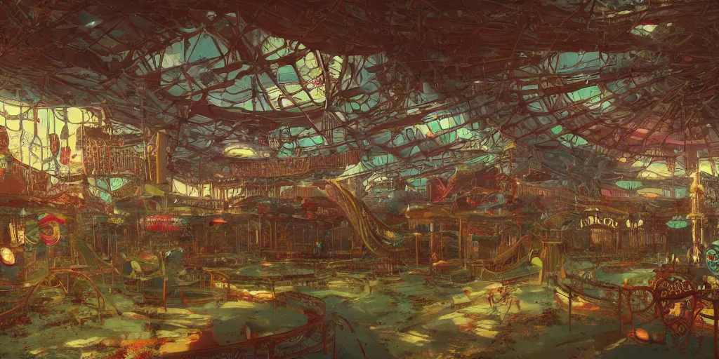 Image similar to abandoned amusement park interior overview mapa design, Moebius, Greg Rutkowski, Zabrocki, Karlkka, Jayison Devadas, Phuoc Quan, trending on Artstation, 8K, ultra wide angle, pincushion lens effect.