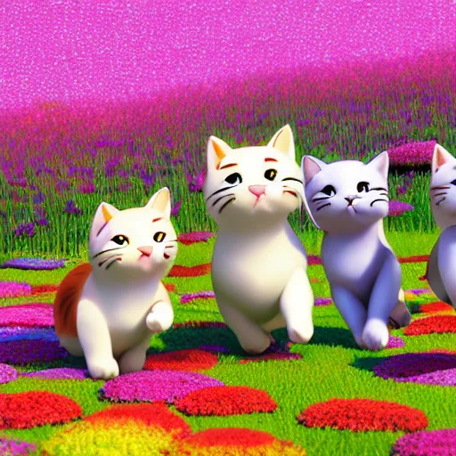 Prompt: Manga cover portrait of an extremely cute and adorable beautiful group of happy kittens running in a flower field, summer vibrance, 3d render diorama by Hayao Miyazaki, official Studio Ghibli still, color graflex macro photograph, Pixiv, DAZ Studio 3D