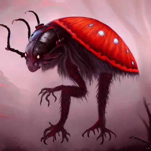 Image similar to ladybug as a monster, fantasy art style, scary atmosphere, nightmare - like dream