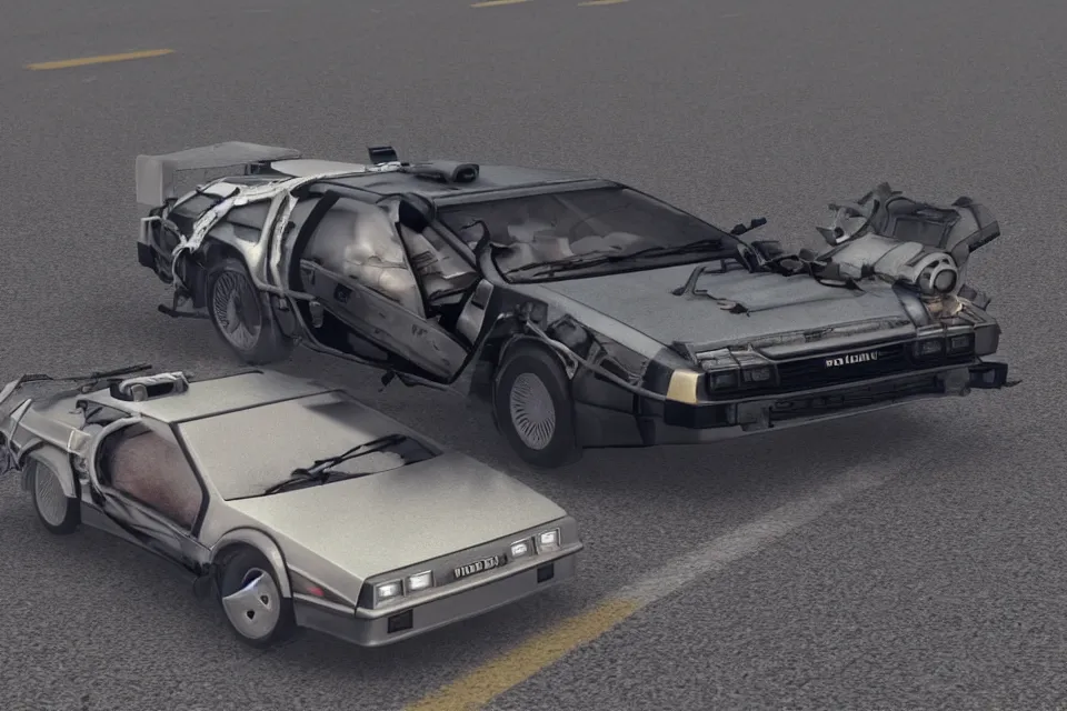 Image similar to ultra realistic delorean dmc 5 and toyta trueno ae 8 6 do parallel drift on road wreckage orbiting earth in space, dark cinematic, volumetric, realistic, 3 d render, realistic render, cinematic lighting, volumetric lighting, atmospheric, cinematic, unreal engine 5, unreal engine render, octane render, hd, photorealism, hyper realistic, 8 k