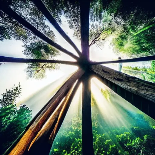 Image similar to A pov in a tree house, photo national geographic, gopro, ultrahd, morning mist, beautiful