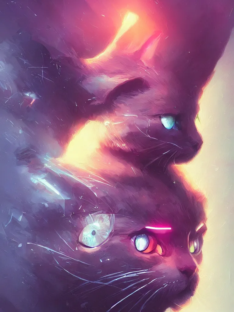 Image similar to detailed portrait of a cat, synthwave, retrowave, cyberpunk, illustration by jordan grimmer and greg rutkowski, trending on artstation