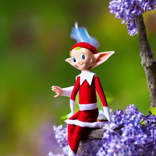 Image similar to a realistic elf is sitting at a close distance, he has a good - natured dreamy look, transparent wings, he is sitting on a beautiful blue flower around a lilac mist c 7. 0