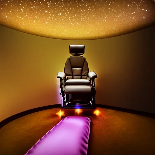 Prompt: recliner chair floating in space, acupuncture treatment, a person receiving acupuncture, galactic background, dreamy, dramatic lighting, universe scale