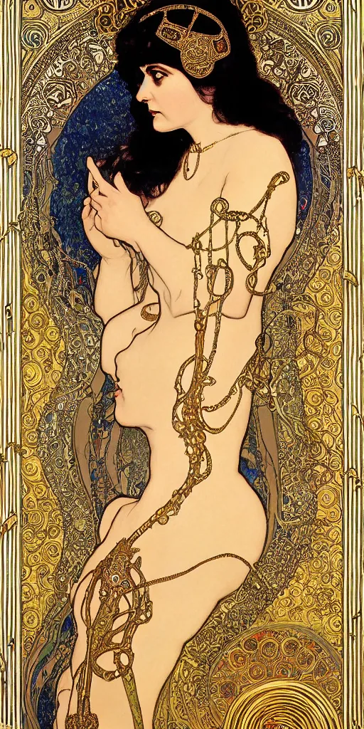 Prompt: realistic detailed dramatic Art Nouveau portrait of Theda Bara as Cleopatra wearing an elaborate jeweled gown by Alphonse Mucha and Gustav Klimt, gilded details, intricate spirals, coiled realistic serpents, Neo-Gothic, gothic, ornate medieval religious icon, long dark flowing hair