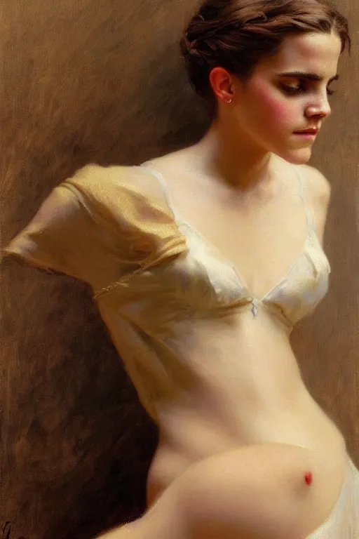 Image similar to detailed portrait of a beautiful emma watson thicc, painting by gaston bussiere, craig mullins, j. c. leyendecker