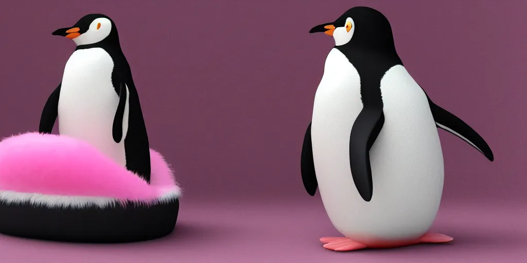 Image similar to realistic penguin sitting in an pink fluffy bed waving, unreal 5