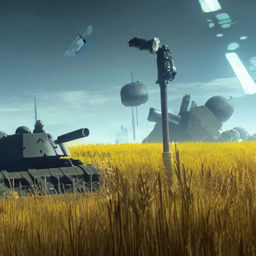 Image similar to a high resolution image from nier : automata, featuring 9 s android fighting an armoured vehicles column in yellow rye field under pure blue skies