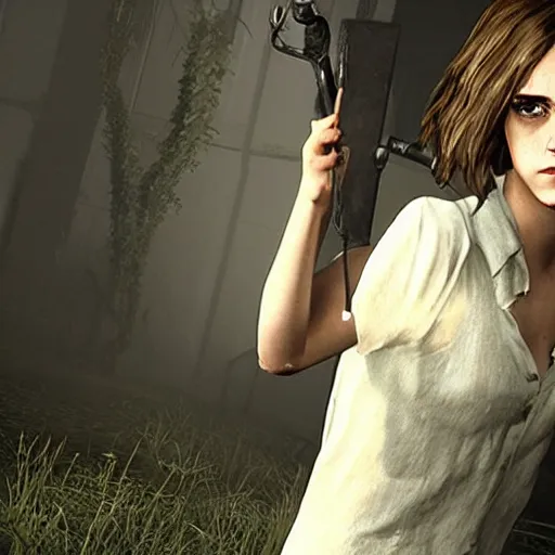 Image similar to Screenshot of Emma Watson as a character in Outlast video game