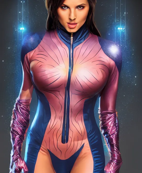 Image similar to woman in tight spandex costume, fantasy, 8 k resolution, beautiful, attractive, symmetrical portrait, detailed scenery, trending on artstation, medium shot, bust, tight fit, artgerm, elias chatzoudis