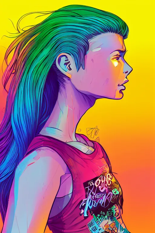 Image similar to a award winning half body portrait of a beautiful woman with stunning eyes in a printed croptop and cargo pants with rainbow colored ombre hairstyle head in motion and hair flying by josan gonzales, outrun, vaporware, shaded flat illustration, digital art, trending on artstation, highly detailed, fine detail, intricate