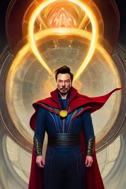 Image similar to elon musk as dr strange, realistic portrait, symmetrical, highly detailed, digital painting, artstation, concept art, smooth, sharp focus, illustration, cinematic lighting, art by artgerm and greg rutkowski and alphonse mucha