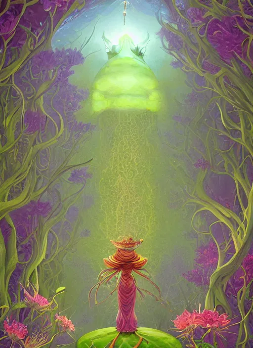 Image similar to the frog priestess of keltic druid folklore. flower fractals in the background. a matte symmetrical award winning fairytale book illustration. a digital painting by rhads, anato finnstark and rebecca guay