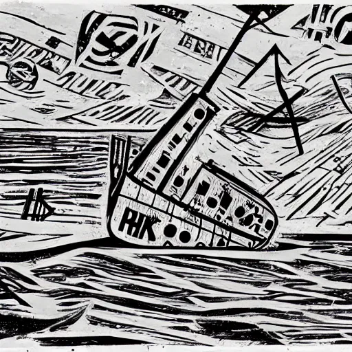 Prompt: a rusty abandoned ship on the aral sea desert, in the style of daniel johnston and outsider art, 8 k, line brush, muted, overlaid with cyrillic words, baselitz, german expressionist woodcut