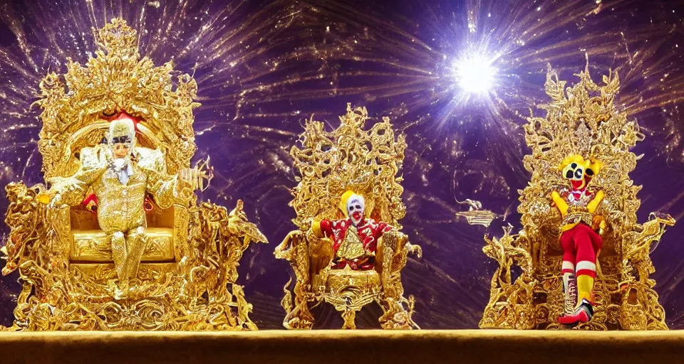 Image similar to shining majestic throne made of millions of diamonds, gold and zaphires with thousands of light reflections, and a clown on a suit is sitting on the throne while handing a globe, cartoon style, dramatic light