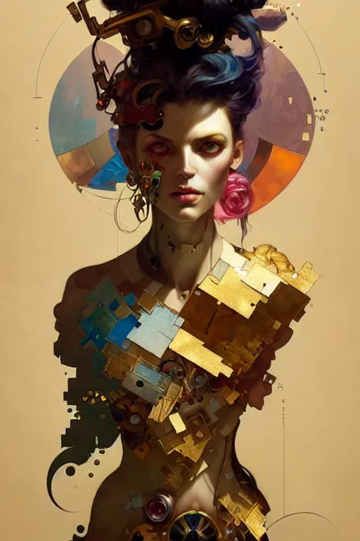 Image similar to portrait, patchwork doll, cyberpunk, elegant baroque, expressive, asymmetrical art, hyperrealism, colorful, vivid, imposing, epic, abstract texture, gold leaf texture, artstation, concept art, by peter mohrbacher and wlop and rhads and artgerm and magali villeneuve and alphonse mucha