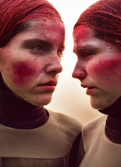 Image similar to cinestill 5 0 d photographic portrait by steve mccurry of two loving female androids wearing rugged black mesh techwear in a brutalist compound with a red sky, extreme closeup, cyberpunk style, dust storm, 8 k, hd, high resolution, 3 5 mm, f / 3 2, ultra realistic faces, ex machina