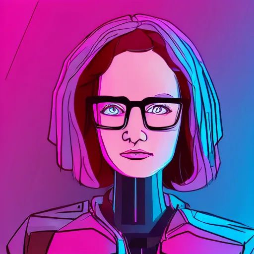 Prompt: simple cyberpunk illustration of an attractive young woman with dark hair, blue eyes, thick rim glasses, symmetrical, quizzical, blade runner style, pink, blue, purple, teal, neon