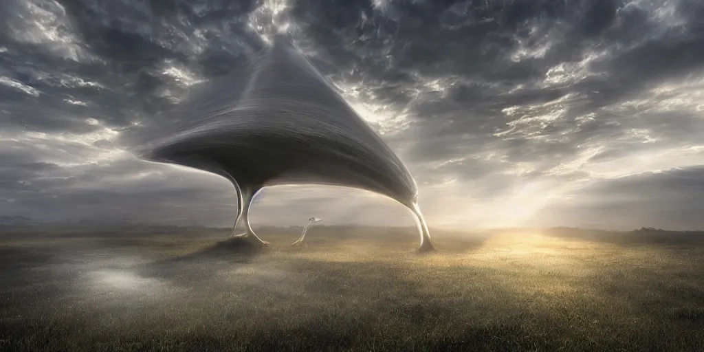 Image similar to Hyper-detailed photo-realistic Illusion reflections of A Beautiful alien organic mega-structure emerging from crepuscular rays by erik johansson, studio lit, volumetric, 8k