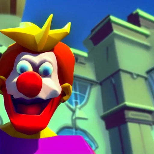 Image similar to image of ronald mcdonald, white face, red afro, red nose and yellow outfit as an enemy in spyro the dragon video game, with low poly playstation 1 graphics, upscaled to high resolution