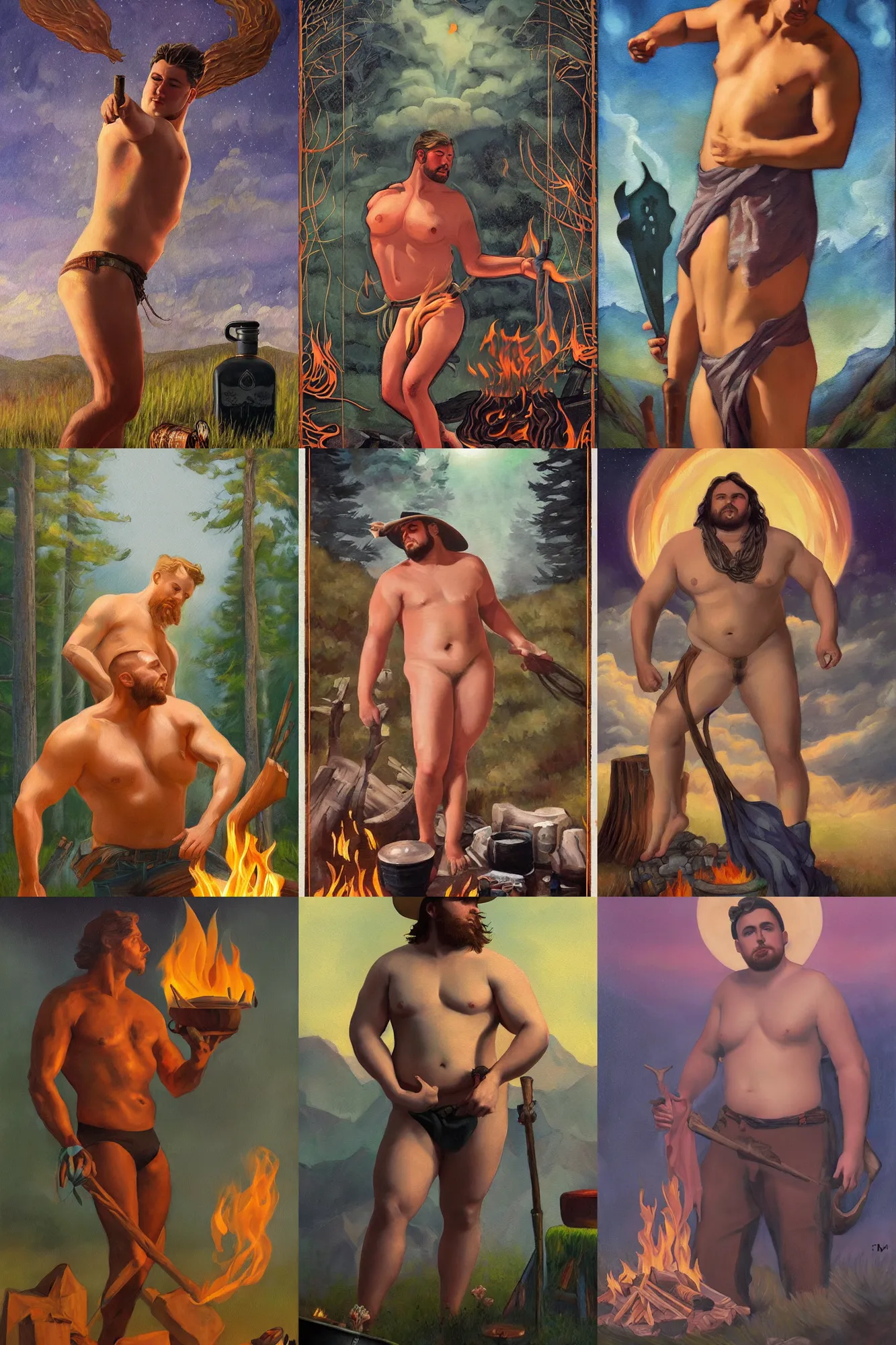 Prompt: a dramatic, ethereal painting of a handsome thicc shirtless cowboy | background is a campfire at night with food and jugs of whisky | tarot!! card, art deco, art nouveau | by Mark Maggiori | trending on artstation