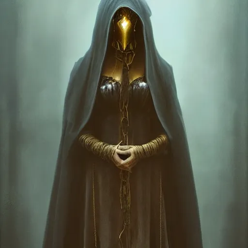 Image similar to a portrait of a young woman wearing a long dark cloak, hood and shadows covering face, holding golden chains, oil painting, matte painting, black background, Volumetric Golden dappled dynamic lighting, Highly Detailed, Cinematic Lighting, Unreal Engine, 8k, HD, by Beksinski